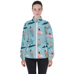 Beach Surfing Surfers With Surfboards Surfer Rides Wave Summer Outdoors Surfboards Seamless Pattern Women s High Neck Windbreaker by Bedest