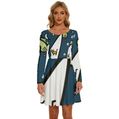 Ufo Alien Unidentified Flying Object Long Sleeve Wide Neck Velvet Dress by Sarkoni