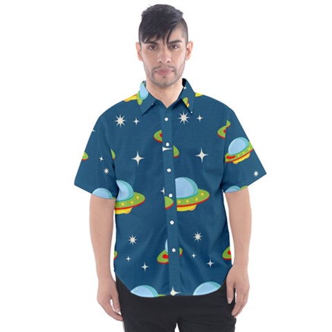 Seamless Pattern Ufo With Star Space Galaxy Background Men s Short Sleeve Shirt by Bedest