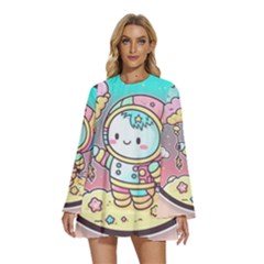 Boy Astronaut Cotton Candy Round Neck Long Sleeve Bohemian Style Chiffon Mini Dress by Bedest