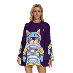 Cat Astronaut Space Retro Universe Round Neck Long Sleeve Bohemian Style Chiffon Mini Dress by Bedest