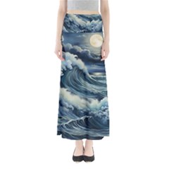 Waves Storm Sea Moon Landscape Full Length Maxi Skirt by Bedest