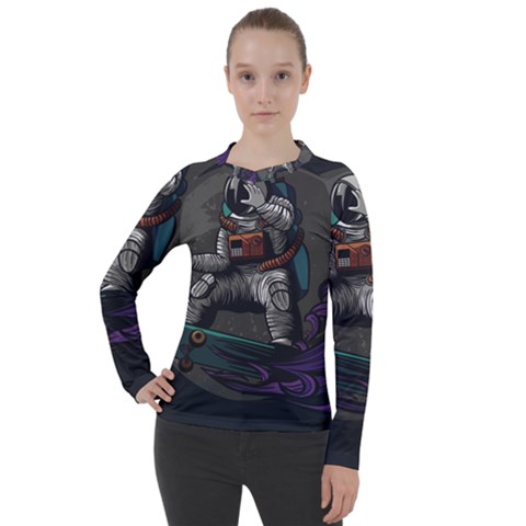 Illustration Astronaut Cosmonaut Paying Skateboard Sport Space With Astronaut Suit Women s Pique Long Sleeve T-shirt by Ndabl3x