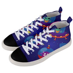 Cartoon Funny Aliens With Ufo Duck Starry Sky Set Men s Mid-top Canvas Sneakers by Ndabl3x