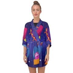 Cartoon Funny Aliens With Ufo Duck Starry Sky Set Half Sleeve Chiffon Kimono by Ndabl3x