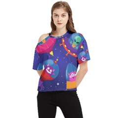 Cartoon Funny Aliens With Ufo Duck Starry Sky Set One Shoulder Cut Out T-shirt by Ndabl3x