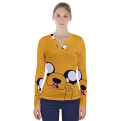 Adventure Time Cartoon Face Funny Happy Toon V-neck Long Sleeve Top by Bedest