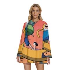 Finn And Jake Adventure Time Bmo Cartoon Round Neck Long Sleeve Bohemian Style Chiffon Mini Dress by Bedest