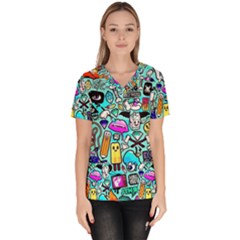 Graffiti Pop Art Crazy Retro Women s V-neck Scrub Top by Bedest