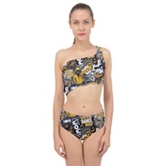 Boom Bang Art Crazy Drawing Graffiti Hello Retro Sayings Yellow Spliced Up Two Piece Swimsuit by Bedest