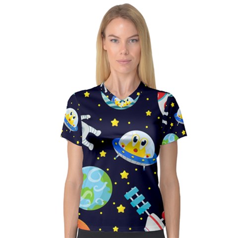 Space Seamless Pattern Illustration V-neck Sport Mesh T-shirt by Hannah976