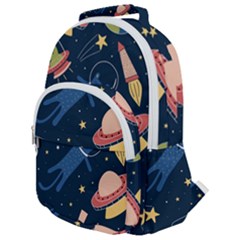 Seamless Pattern With Funny Aliens Cat Galaxy Rounded Multi Pocket Backpack by Hannah976