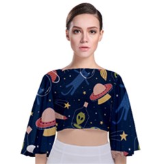 Seamless Pattern With Funny Aliens Cat Galaxy Tie Back Butterfly Sleeve Chiffon Top by Hannah976