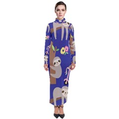 Hand Drawn Cute Sloth Pattern Background Turtleneck Maxi Dress by Hannah976