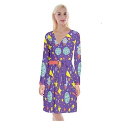 Card With Lovely Planets Long Sleeve Velvet Front Wrap Dress by Hannah976