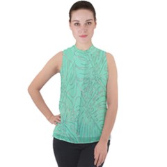 Ocean Monstera Mock Neck Chiffon Sleeveless Top by ConteMonfrey