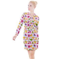 Tropical Fruits Berries Seamless Pattern Button Long Sleeve Dress by Ravend