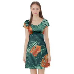 Green Tropical Leaves Short Sleeve Skater Dress by Jack14