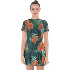 Green Tropical Leaves Drop Hem Mini Chiffon Dress by Jack14