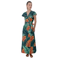 Green Tropical Leaves Flutter Sleeve Maxi Dress by Jack14