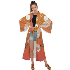 Japanese Crane Painting Of Birds Maxi Kimono by Cendanart