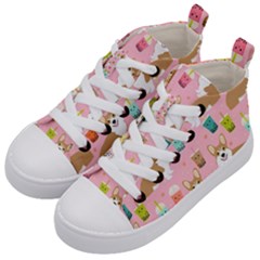 Corgi Bubble Boba Tea Pink Pattern Kids  Mid-top Canvas Sneakers by Cendanart