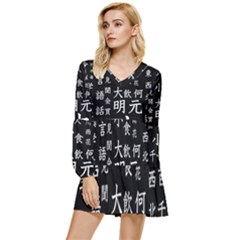 Japanese Basic Kanji Anime Dark Minimal Words Tiered Long Sleeve Mini Dress by Bedest