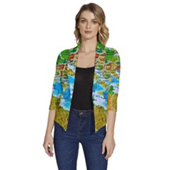 World Map Women s Draped Front 3/4 Sleeve Shawl Collar Jacket by Ket1n9