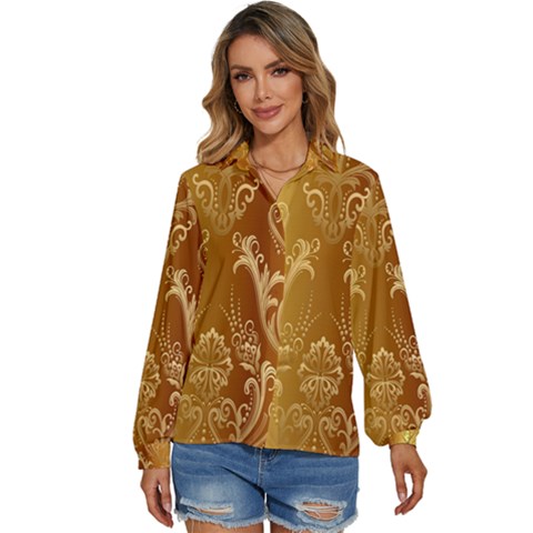 Golden Pattern Vintage Gradient Vector Women s Long Sleeve Button Up Shirt by Ket1n9