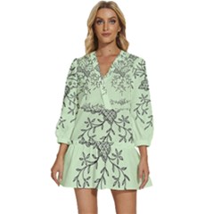 Illustration Of Butterflies And Flowers Ornament On Green Background V-neck Placket Mini Dress by Ket1n9