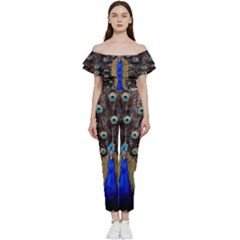 Peacock Bardot Ruffle Jumpsuit by Ket1n9