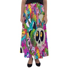 Crazy Illustrations & Funky Monster Pattern Flared Maxi Skirt by Ket1n9