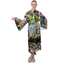 Vintage Horror Collage Pattern Maxi Velvet Kimono by Ket1n9