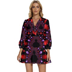 Fractal Red Violet Symmetric Spheres On Black V-neck Placket Mini Dress by Ket1n9