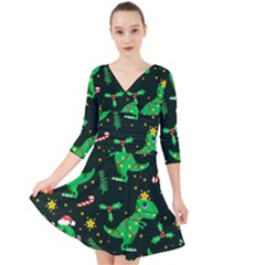 Christmas Funny Pattern Dinosaurs Quarter Sleeve Front Wrap Dress by Ket1n9