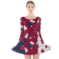 Flat Design Christmas Pattern Collection Art Long Sleeve Velvet Skater Dress by Ket1n9