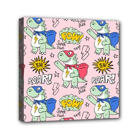 Seamless Pattern With Many Funny Cute Superhero Dinosaurs T-rex Mask Cloak With Comics Style Inscrip Mini Canvas 6  X 6  (stretched) by Ket1n9