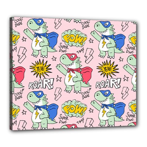 Seamless Pattern With Many Funny Cute Superhero Dinosaurs T-rex Mask Cloak With Comics Style Inscrip Canvas 24  X 20  (stretched) by Ket1n9