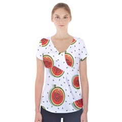 Seamless Background Pattern-with-watermelon Slices Short Sleeve Front Detail Top by Ket1n9