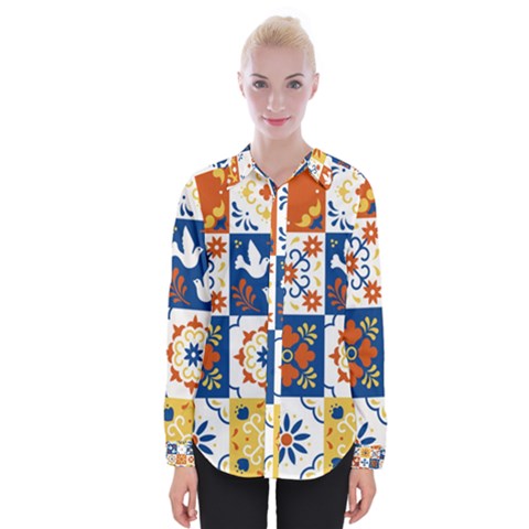 Mexican Talavera Pattern Ceramic Tiles With Flower Leaves Bird Ornaments Traditional Majolica Style Womens Long Sleeve Shirt by Ket1n9