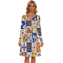 Mexican Talavera Pattern Ceramic Tiles With Flower Leaves Bird Ornaments Traditional Majolica Style Long Sleeve Dress With Pocket by Ket1n9