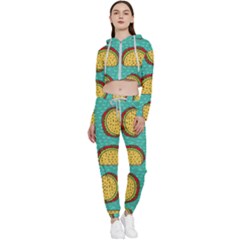 Taco Drawing Background Mexican Fast Food Pattern Cropped Zip Up Lounge Set by Ket1n9