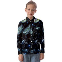 Colorful Abstract Pattern Consisting Glowing Lights Luminescent Images Marine Plankton Dark Backgrou Kids  Long Sleeve Shirt by Ket1n9