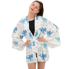 Seamless Pattern With Cute Sharks Hearts Long Sleeve Kimono by Ket1n9