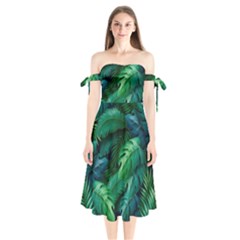 Tropical Green Leaves Background Shoulder Tie Bardot Midi Dress by Hannah976