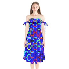 Blue Bee Hive Pattern Shoulder Tie Bardot Midi Dress by Hannah976