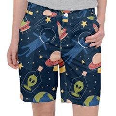 Seamless Pattern With Funny Alien Cat Galaxy Women s Pocket Shorts by Ndabl3x