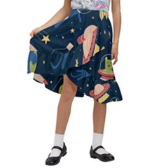 Seamless Pattern With Funny Alien Cat Galaxy Kids  Ruffle Flared Wrap Midi Skirt by Ndabl3x