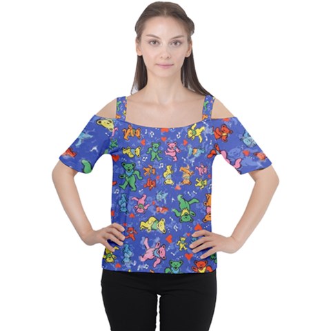 Grateful Dead Bears Pattern Cutout Shoulder T-shirt by Cendanart