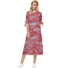 Love Hearts Valentine Red Symbol Bow Sleeve Chiffon Midi Dress by Paksenen